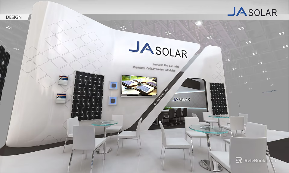 JA SOLAR Modern Exhibition Booth With Solar Product Displays And White Furniture 3d model 