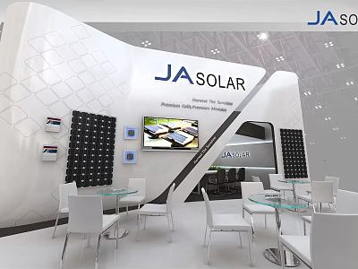 JA SOLAR Modern Exhibition Booth With Solar Product Displays And White Furniture 3d model