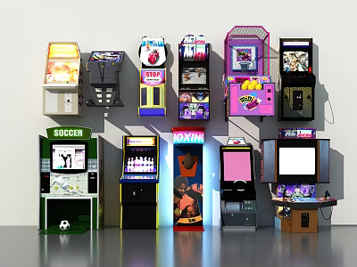 Various Colorful Entertainment Appliances Display With Arcade Machines Soccer Game And Vintage Gaming Setups 3d model
