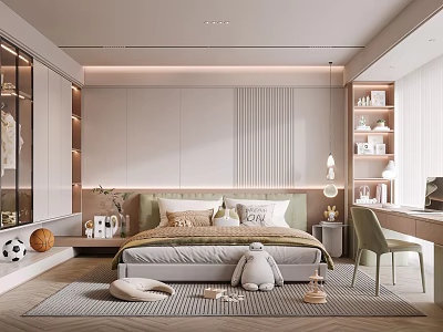 Cozy Kids Room Interior With Bed Stuffed Toys Bookshelves Desk Chair And Soft Lighting 3d model