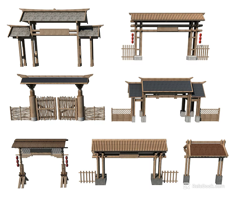 Chinese Traditional Archway Collection With Various Styles Wooden Structure And Tile Roof 3d model 