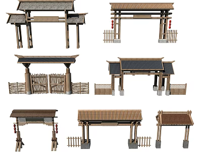 Chinese Traditional Archway Collection With Various Styles Wooden Structure And Tile Roof 3d model