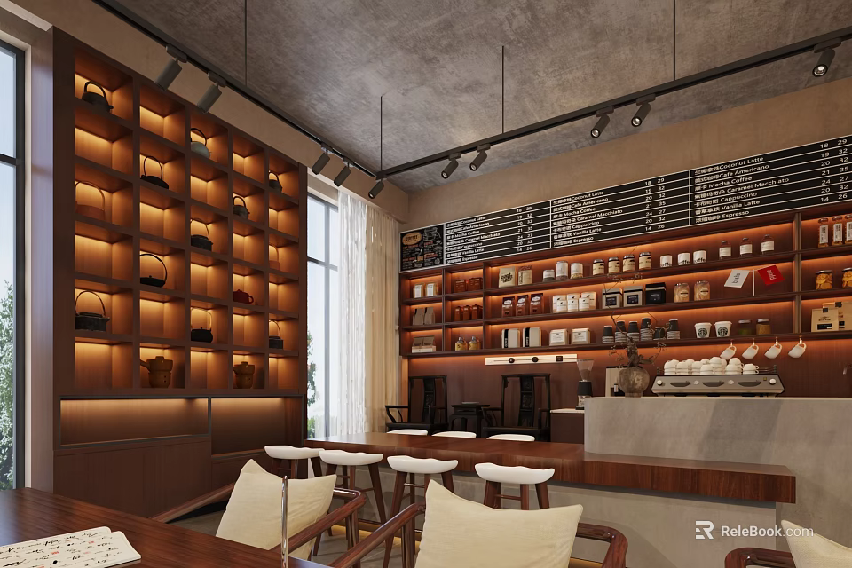 Modern Industrial Cafe Interior With Wooden Storage Shelves Displaying Various Products 3d model 