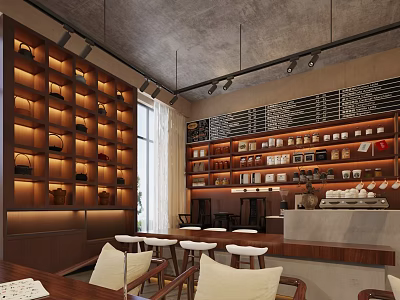 Modern Industrial Cafe Interior With Wooden Storage Shelves Displaying Various Products 3d model