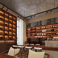 Modern Industrial Cafe Interior With Wooden Storage Shelves Displaying Various Products