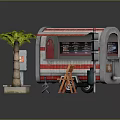 Street Food Cart With Red White Striped Awning Palm Tree And Wooden Chair Setup
