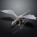 Realistic Gray Flying Dragon With Large Wings Standing On Dark Background And Smoke