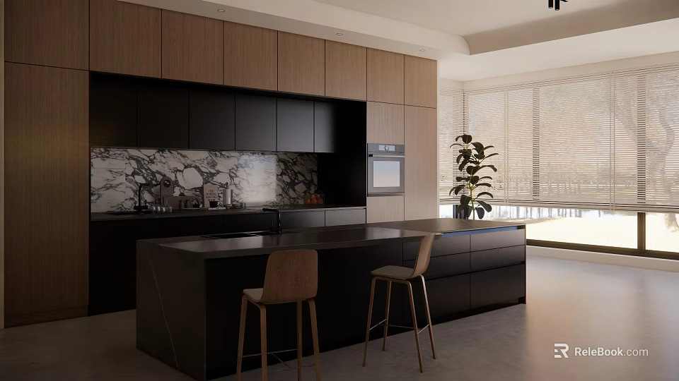 Sunlit Modern Kitchen With Dark Cabinets Marble Backsplash Island Bar Stools And Potted Plant 3d model 