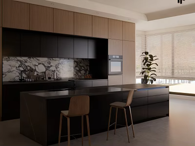 Sunlit Modern Kitchen With Dark Cabinets Marble Backsplash Island Bar Stools And Potted Plant 3d model