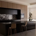 Sunlit Modern Kitchen With Dark Cabinets Marble Backsplash Island Bar Stools And Potted Plant