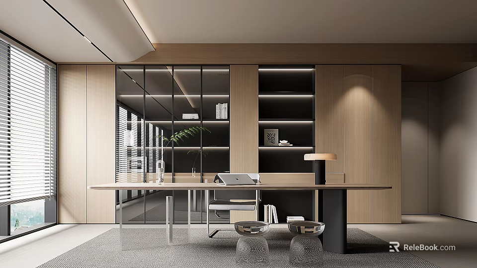 Modern Study Room Interior With Wooden Desk Glass Bookshelves Table Lamp And Green Plant 3d model 