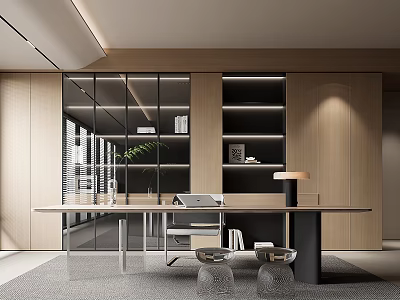 Modern Study Room Interior With Wooden Desk Glass Bookshelves Table Lamp And Green Plant 3d model