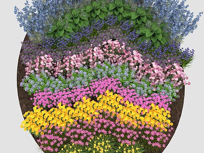 Vibrant Mixed Garden Flowers With Yellow Pink Purple Blue Blooms And Green Foliage 3d model