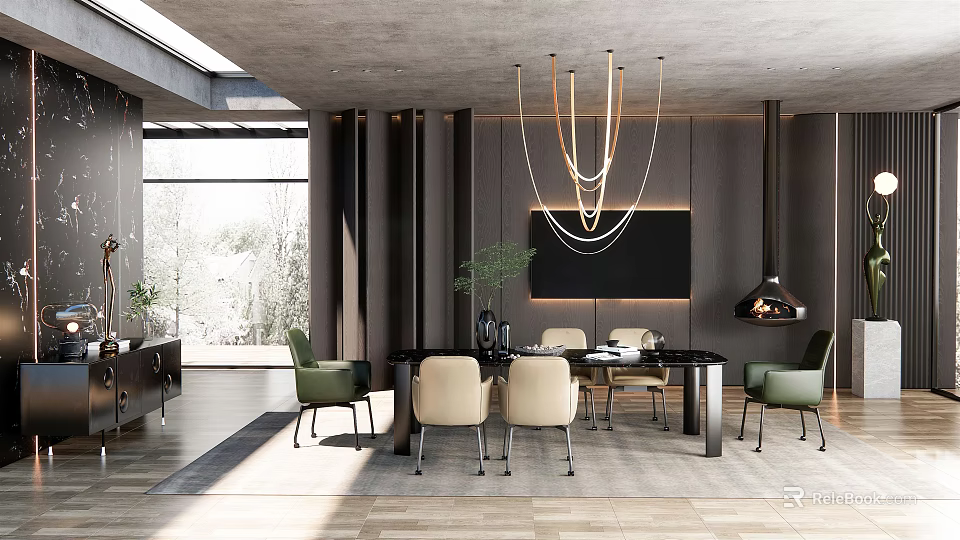 Modern Restaurant Interior With Gold Ring Chandelier Black Dining Table And Green Beige Chairs 3d model 