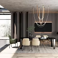 Modern Restaurant Interior With Gold Ring Chandelier Black Dining Table And Green Beige Chairs