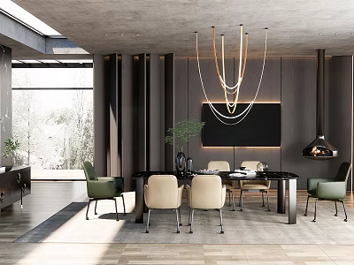 Modern Restaurant Interior With Gold Ring Chandelier Black Dining Table And Green Beige Chairs 3d model