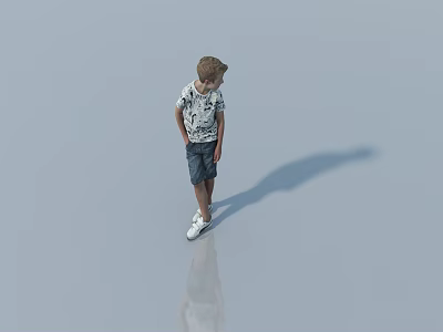 Group of Boys in Printed T Shirts and Shorts Standing on Smooth Floor with Reflection 3d model