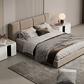 Modern Double Bed Featuring Beige Upholstered Headboard White Nightstands Table Lamp and Grey Rug