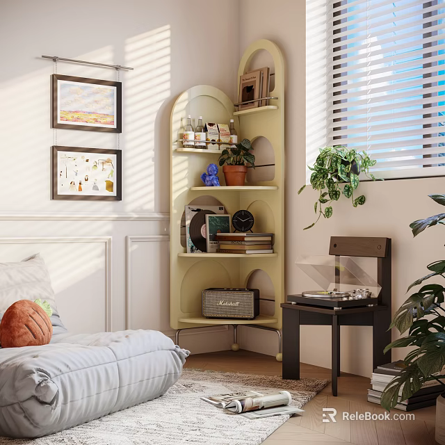 Curved Yellow Storage Shelf with Books Plants Decor and Framed Pictures in Cozy Living Room 3d model 