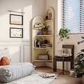 Curved Yellow Storage Shelf with Books Plants Decor and Framed Pictures in Cozy Living Room