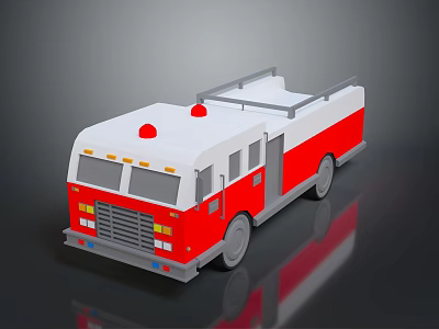 Red And White Cartoon Fire Truck Model With Red Emergency Lights On Top 3d model