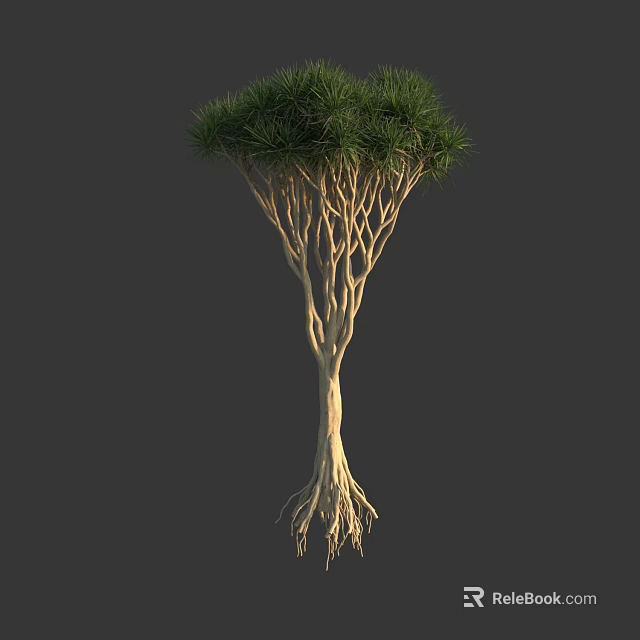 Lush Green Arbor With Exposed Roots And Textured Light Brown Trunk 3d model 
