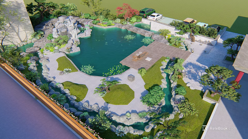 Serene Courtyard Garden With Pond Lily Pads Rock Formations Wooden Deck And Green Plants 3d model 