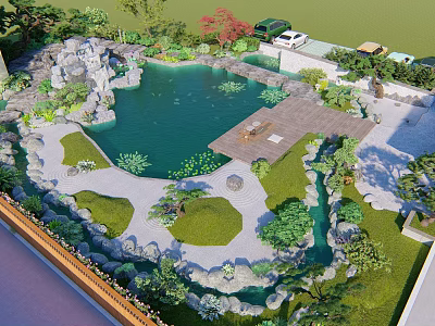 Serene Courtyard Garden With Pond Lily Pads Rock Formations Wooden Deck And Green Plants 3d model