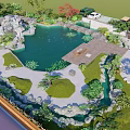 Serene Courtyard Garden With Pond Lily Pads Rock Formations Wooden Deck And Green Plants