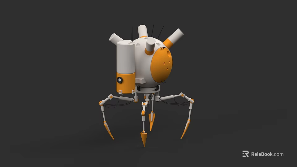 Orange And White Spider Legged Robot Game Movie Character With Antennas And Cartoon Design 3d model 