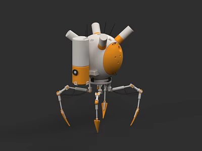 Orange And White Spider Legged Robot Game Movie Character With Antennas And Cartoon Design 3d model