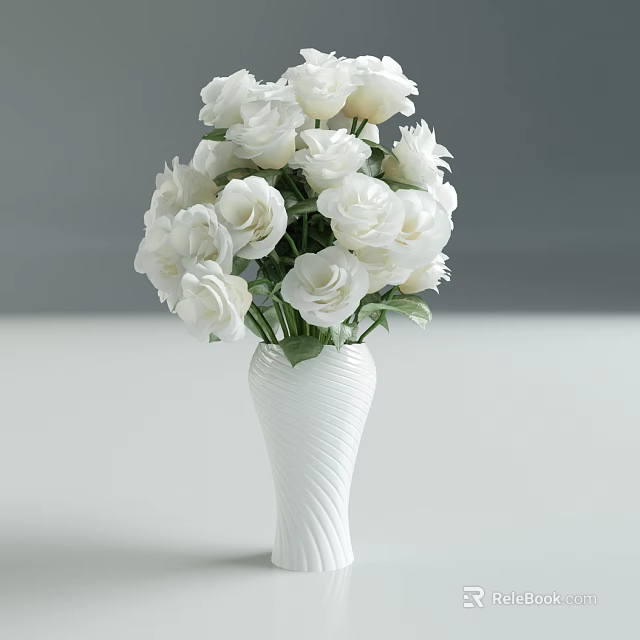 Elegant White Spiral Vase With Fresh White Roses Floral Arrangement On White Surface 3d model 