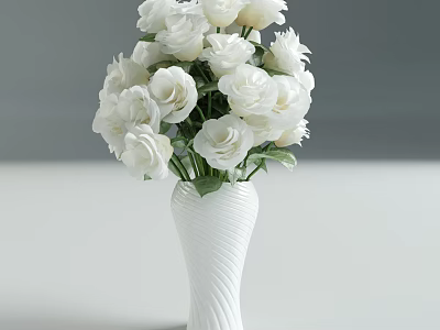 Elegant White Spiral Vase With Fresh White Roses Floral Arrangement On White Surface 3d model