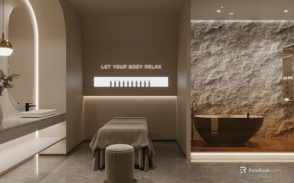 Serene SPA Sauna Room With Massage Table Stone Wall And Bathtub For Relaxation 3d model 
