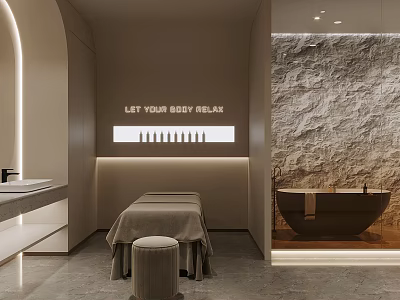 Serene SPA Sauna Room With Massage Table Stone Wall And Bathtub For Relaxation 3d model