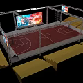 Basketball Arena With Wooden Court Floor Yellow Seating Bleachers Large Screen Display And Side Billboards