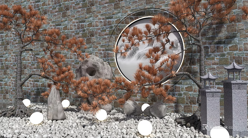 Garden Ornament Design with Circular Mirror Brick Wall Orange Pine Branches and Stones 3d model 