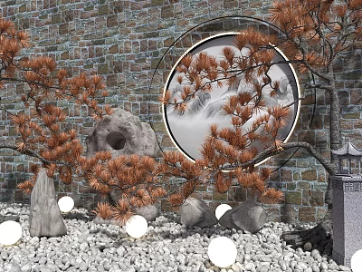 Garden Ornament Design with Circular Mirror Brick Wall Orange Pine Branches and Stones 3d model