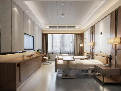 Modern Hospital Outpatient Clinic Interior With Comfortable Bed TV Table Lamp Cabinets And Window 3d model
