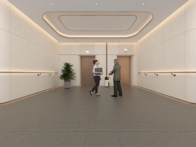 Modern Elevator Lobby With Two People Shaking Hands And Potted Plant 3d model