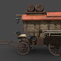 Rustic Vintage Wooden Cart With Red Roof And Two Wooden Barrels On Top