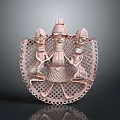 Traditional Sculpture Carving With Three Human Figures And Decorative Openwork Design