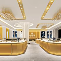 Luxurious Jewelry Store Interior With Golden Counters Chandeliers And Display Cases