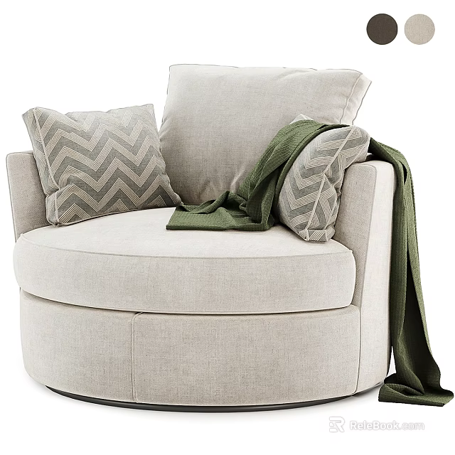 Cozy Beige Round Accent Chair Interior With Chevron Pillows And Green Throw Blanket 3d model 