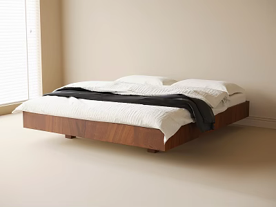 Minimalist Double Bed With Wooden Frame White Sheets Black Blanket And Natural Light 3d model