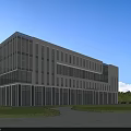 Modern Office Building Exterior With Glass Curtain Wall Lawn Driveway And Flagpoles