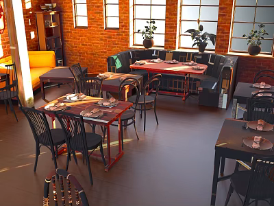 Cozy Café Interior With Brick Walls Large Windows Wooden Tables Black Chairs And Potted Plants 3d model