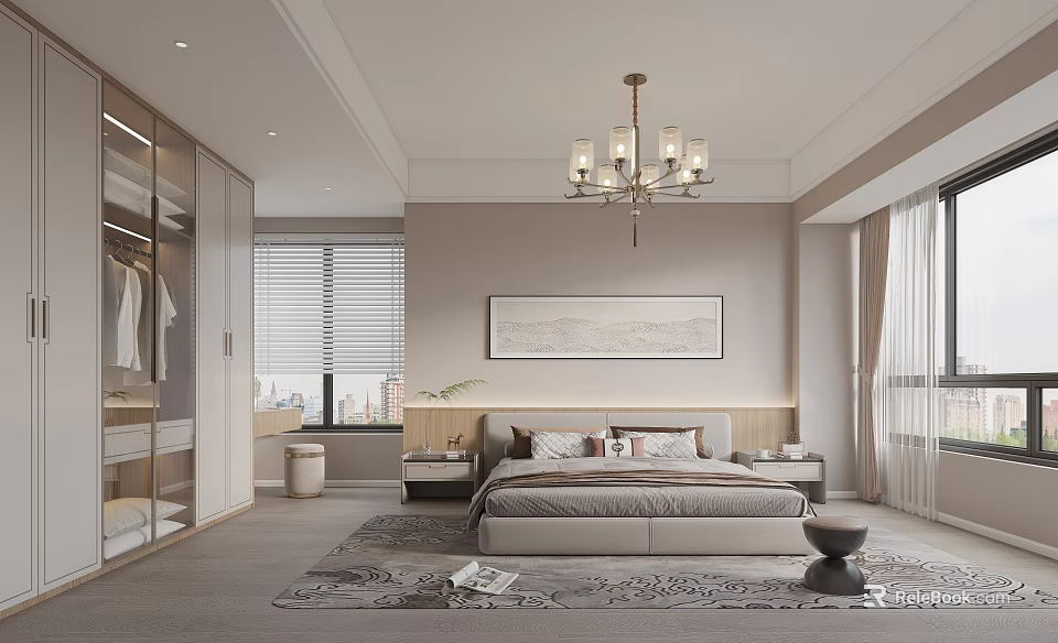 Modern Neutral Toned Bedroom Interior With Chandelier Bedside Rug Wall Painting And Curtains 3d model 