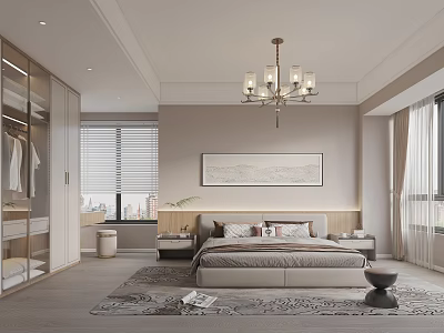 New Chinese-style Master Bedroom Mahjong Room Chandelier Hanging Painting Wardrobe Bed Dressing Table Curtain Bedside Table 3d model
