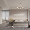 Modern Neutral Toned Bedroom Interior With Chandelier Bedside Rug Wall Painting And Curtains